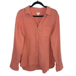 J Crew Gauze Button Down Shirt‎ Muted Coral Long Sleeve Casual Top Size L Boho